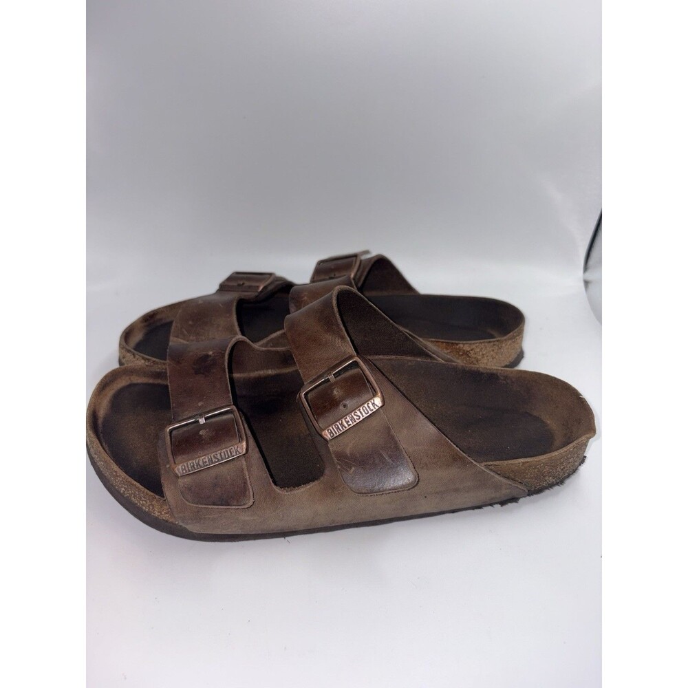 Birkenstock Arizona Sandals Mens 40 Brown Leather Two Strap Cork Footbed Slip On - Picture 2 of 10